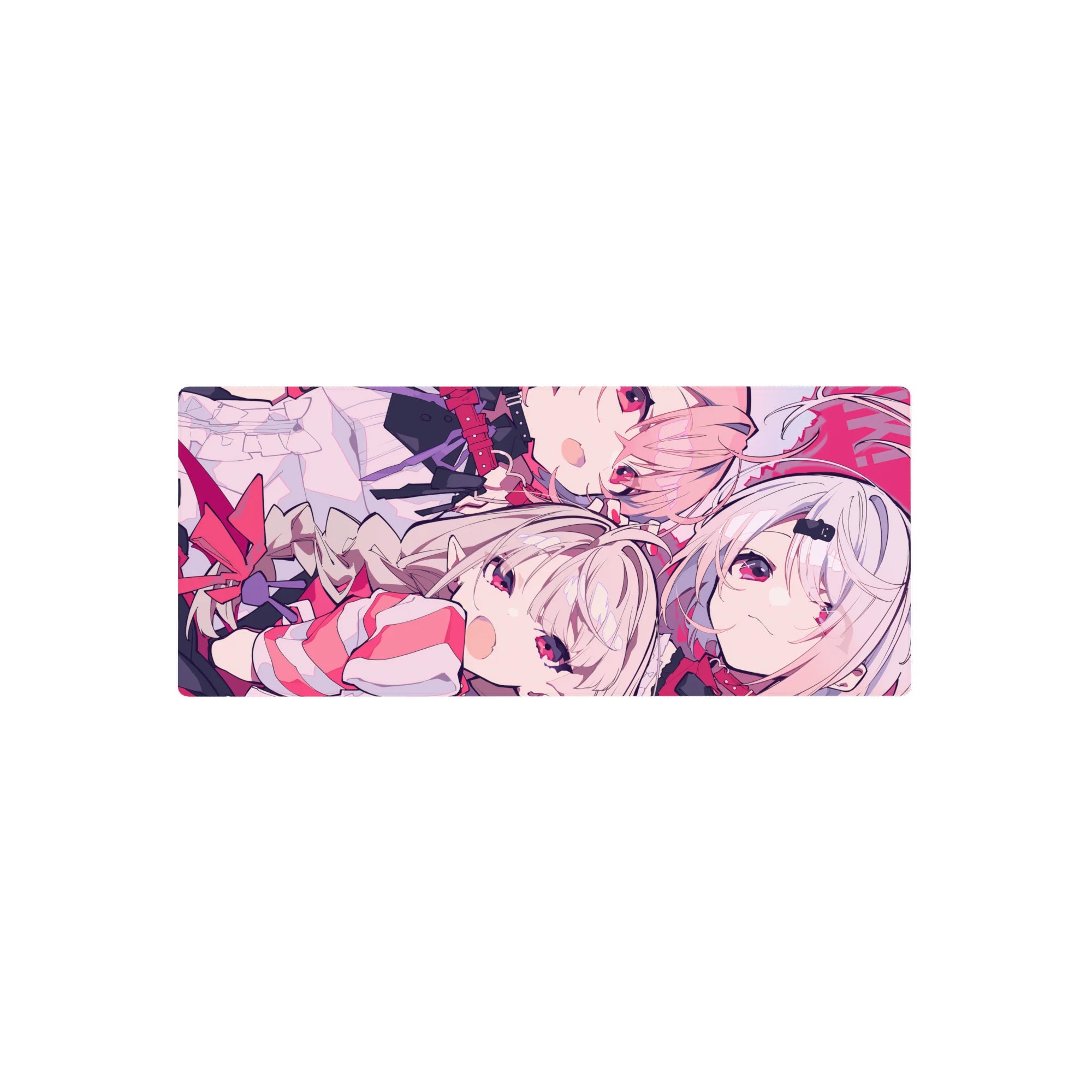 28x12 inches anime girl mouse pad with cute ribbons, pale hair, ruby eyes, and soft line art.