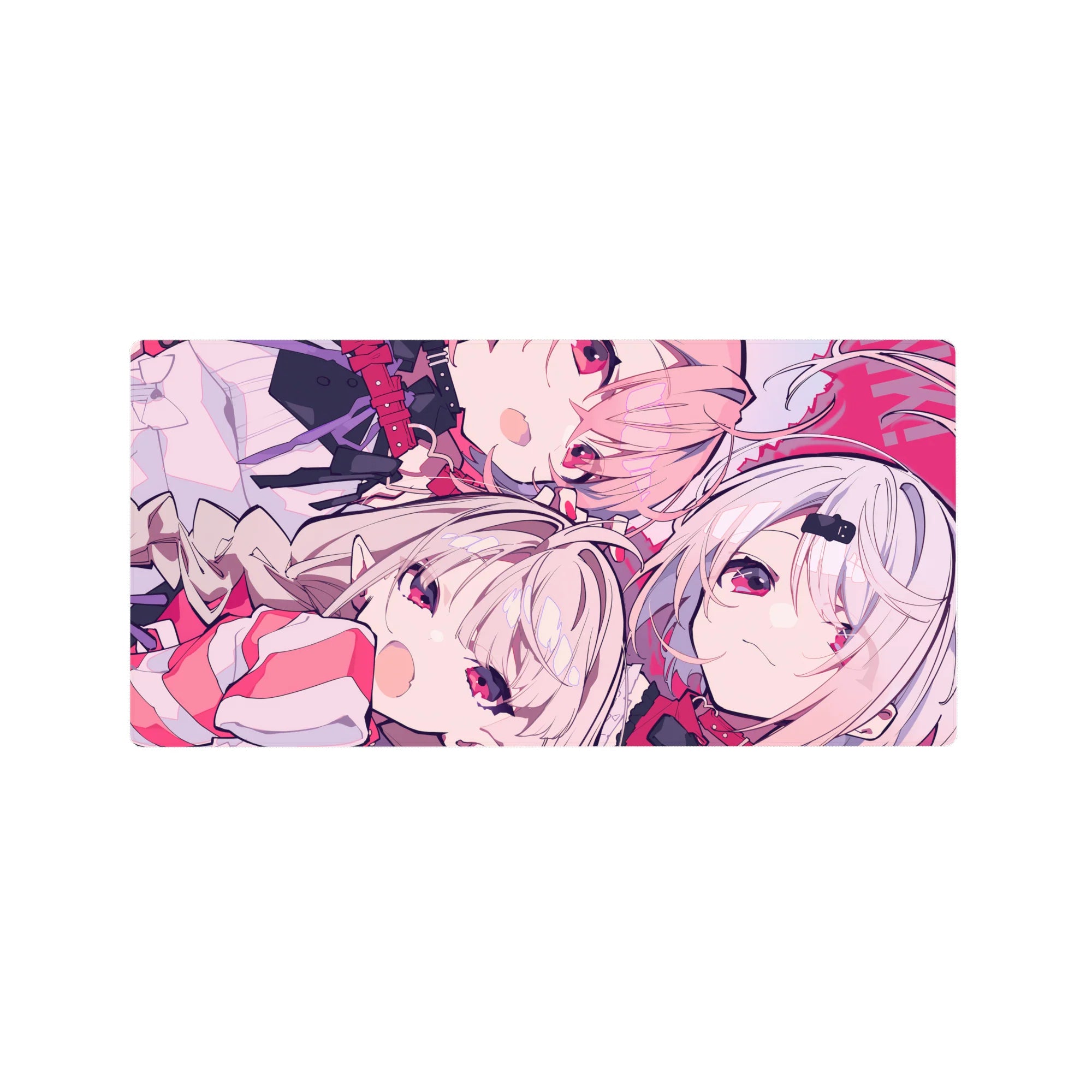 Anime girl mouse pad 32x16 inches with soft line art, pale hair, ruby eyes, and cute ribbons.