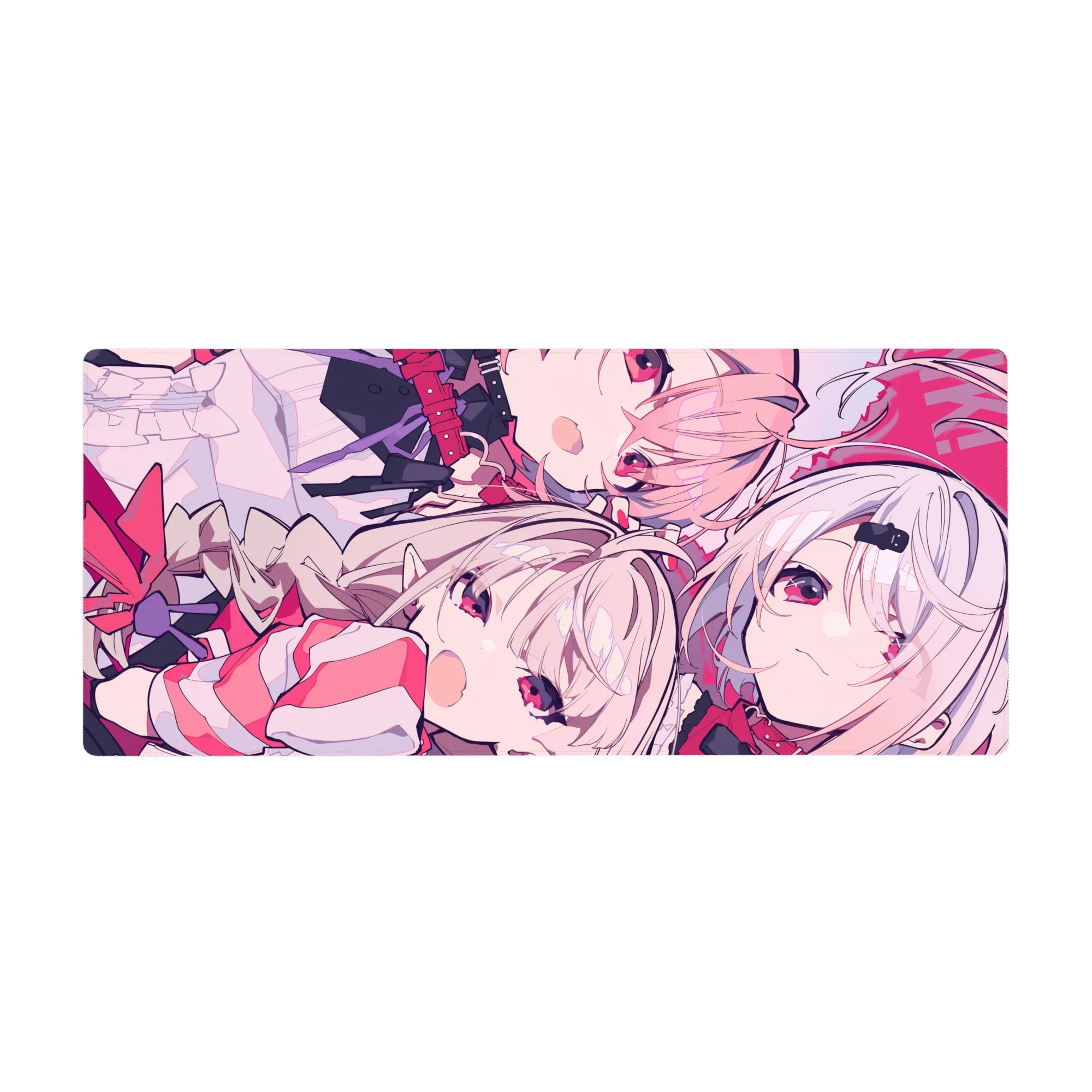 Anime girl desk pad 36x16 inches with soft linework, pale hair, ruby eyes, and cute ribbons.