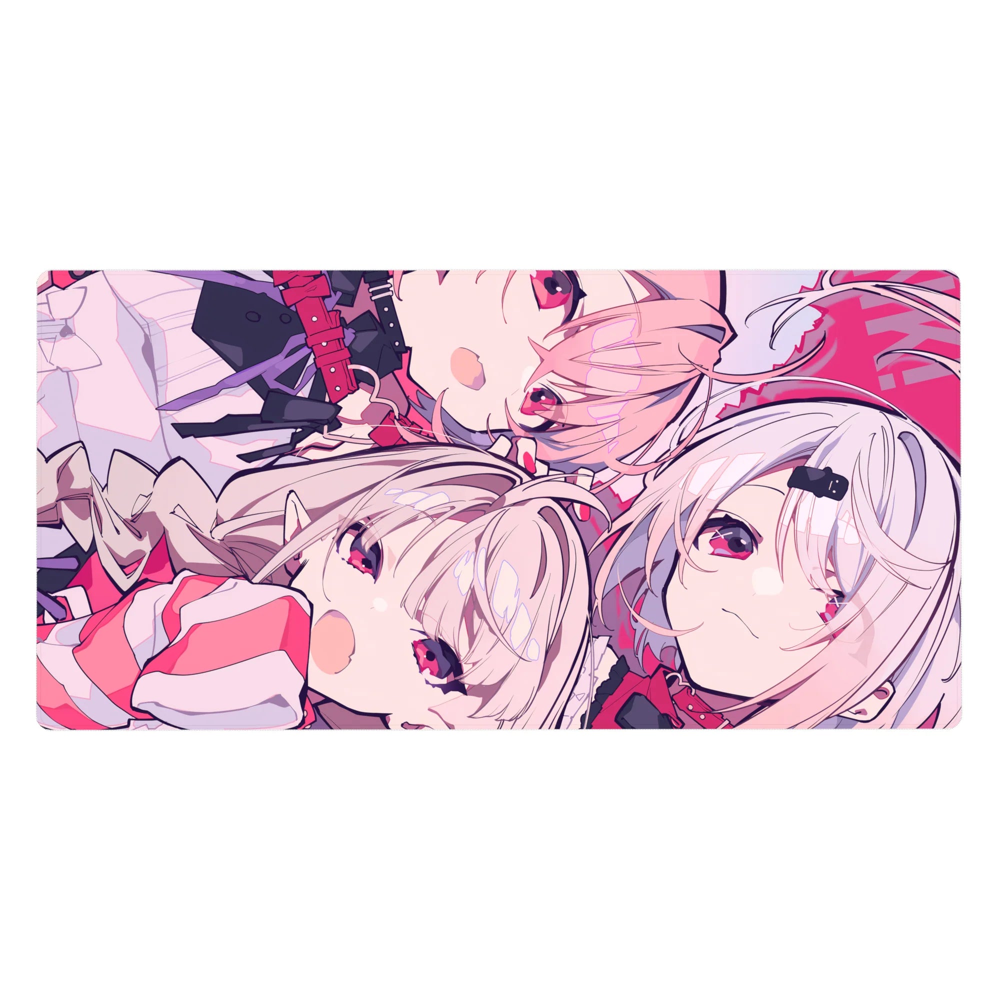 Anime girl desk pad 40x20 inches with soft line art, ribbons, pale hair, and playful winky expression.