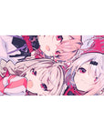Anime girl desk pad 40x20 inches with soft line art, ribbons, pale hair, and playful winky expression.
