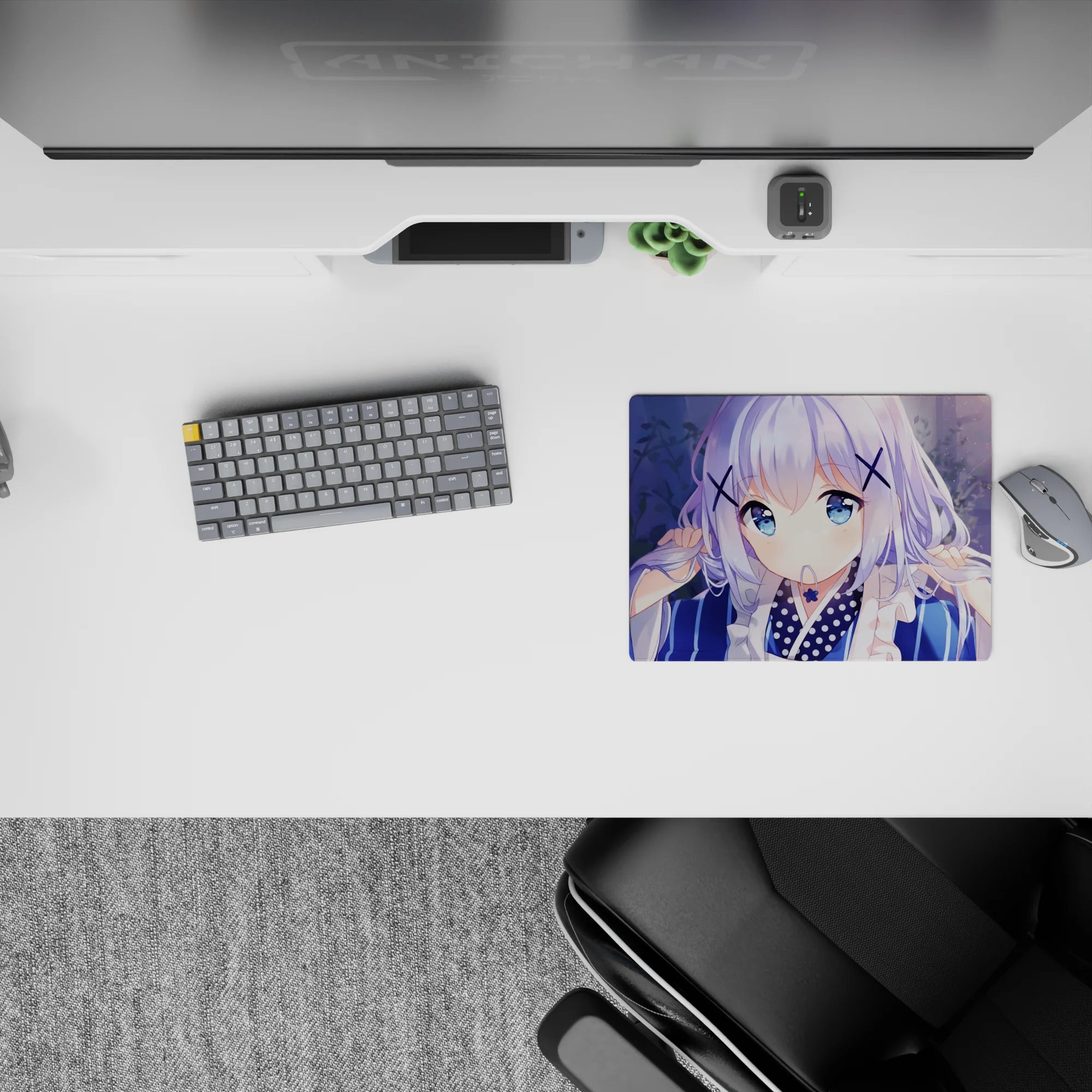 Pastel blue and lilac 14x10 inches anime mouse pad, cozy dreamy vibes with soft sparkle and petals.