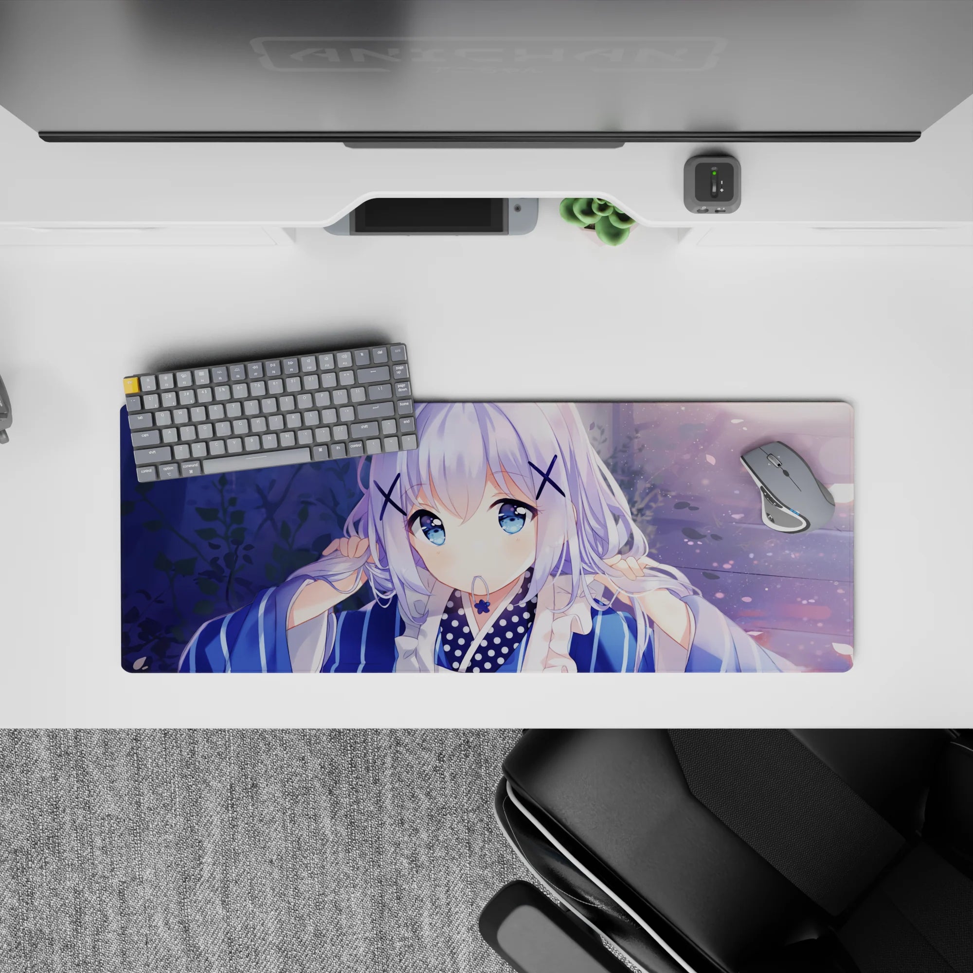 Pastel blue and lilac anime desk mat 32x12 inches with cozy dreamy vibes and soft glow.