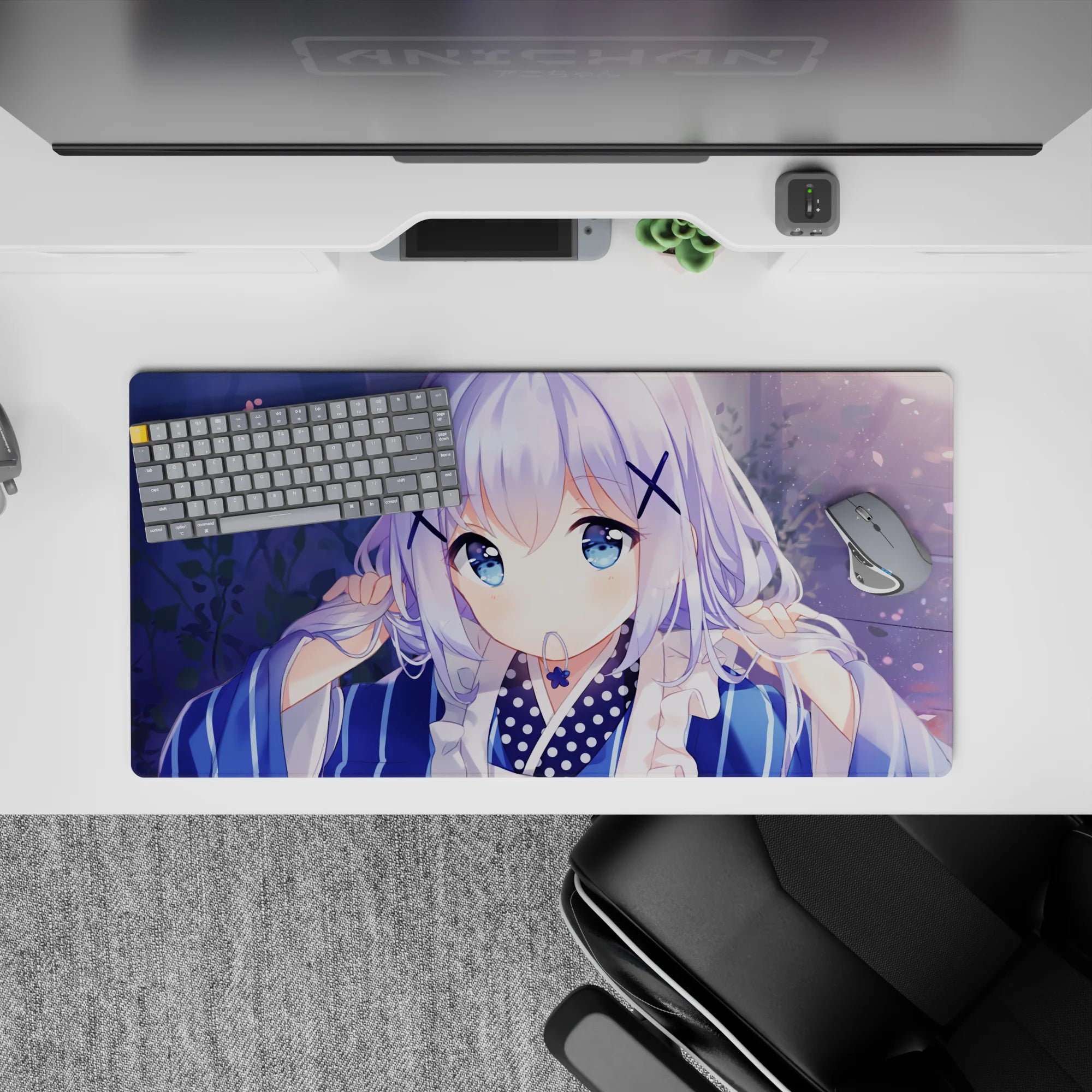 32x16 inches pastel mouse pad in soft blue and lilac, cozy dreamy vibe with sparkly bokeh and petals.