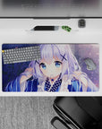 32x16 inches pastel mouse pad in soft blue and lilac, cozy dreamy vibe with sparkly bokeh and petals.
