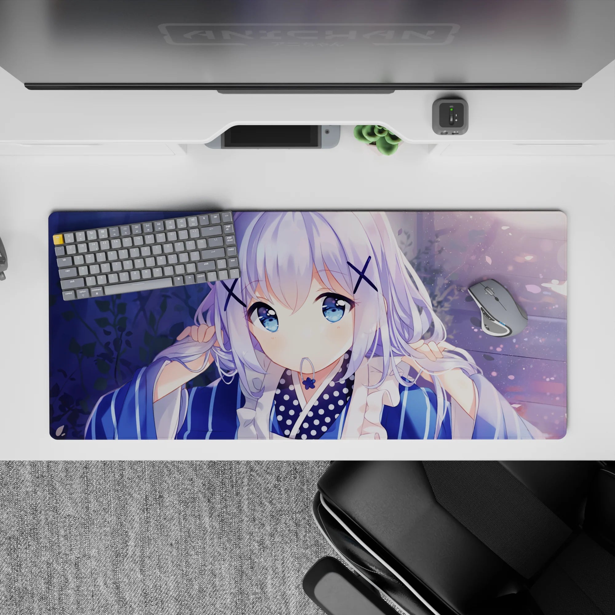 36x16 inches pastel desk pad in soft blues and lilac, cozy dreamy vibe with sparkly bokeh.