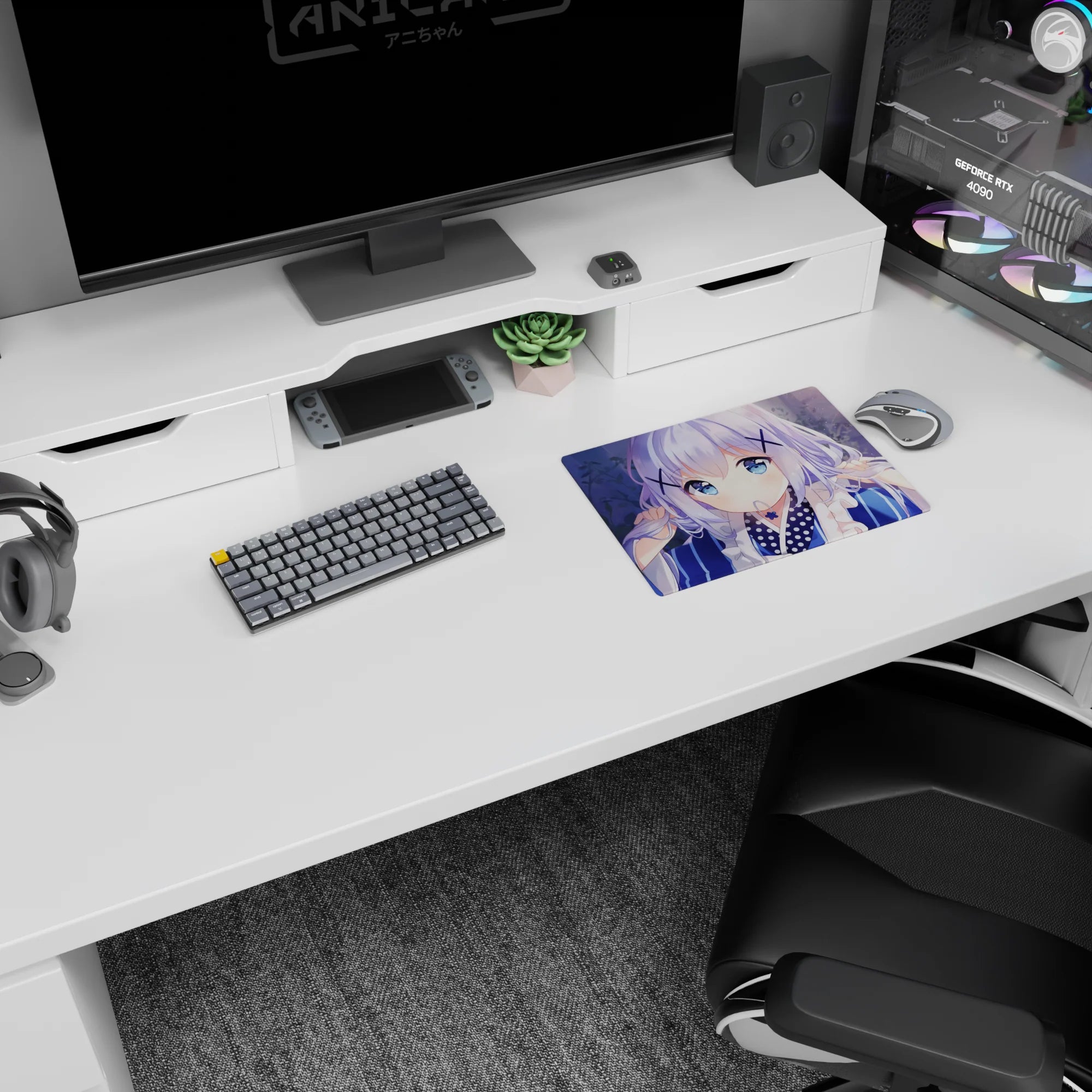 Shy big-eyed anime girl with X hairpins on a 14x10 inches mouse pad, petals floating behind her.