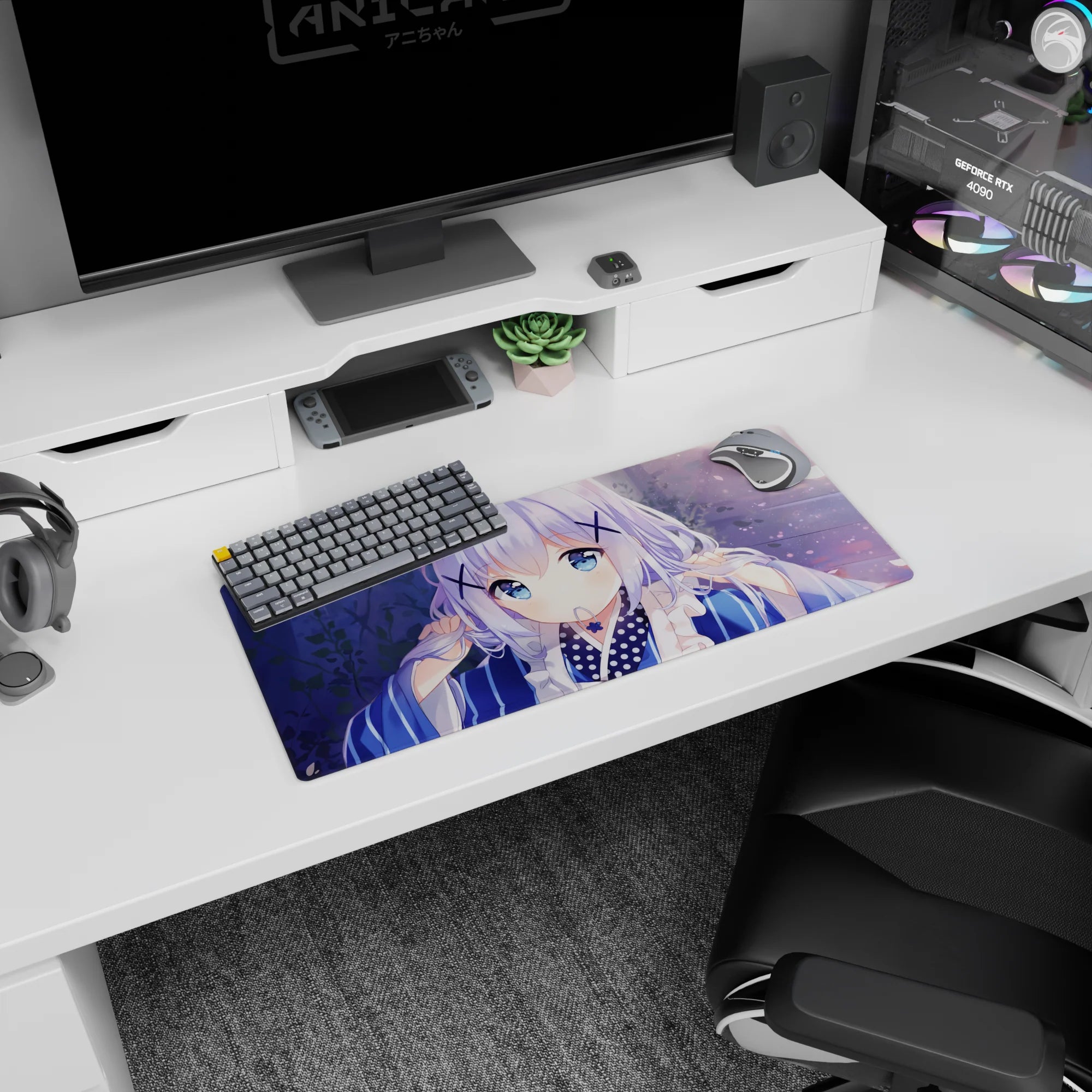 28x12 inches mouse pad featuring shy anime girl with big sapphire eyes, X hairpins, and striped yukata.