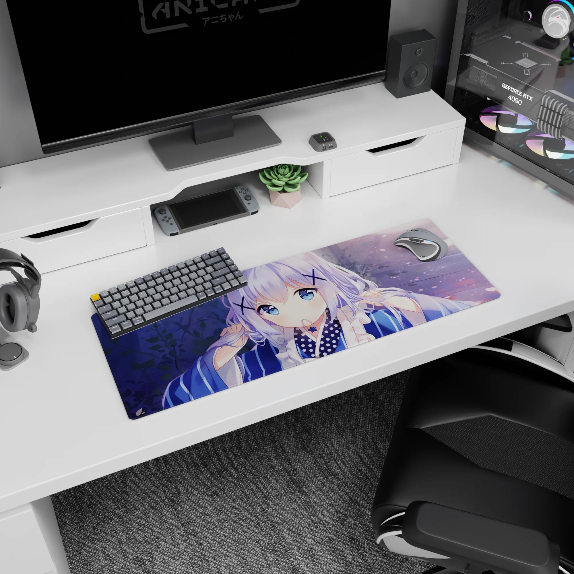 Shy anime girl with big sapphire eyes in striped yukata on a 32x12 inches mouse pad.