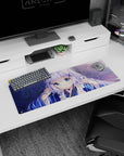 Shy anime girl with big sapphire eyes in striped yukata on a 32x12 inches mouse pad.