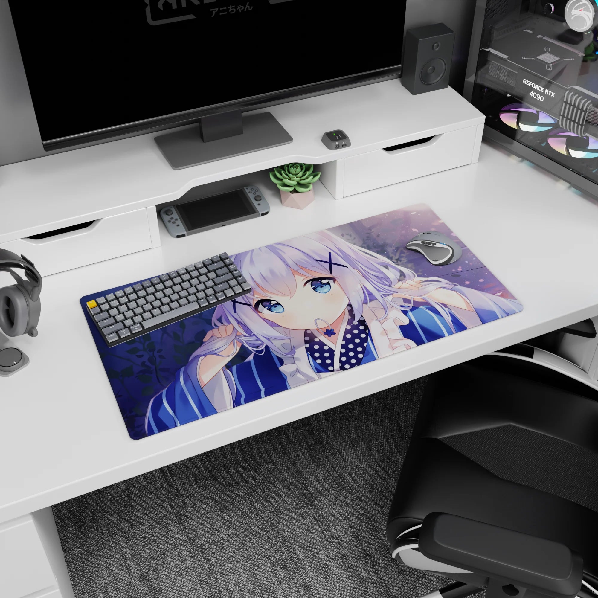 32x16 inches anime desk mat showing a shy girl with sapphire eyes and X hairpins amid drifting petals.