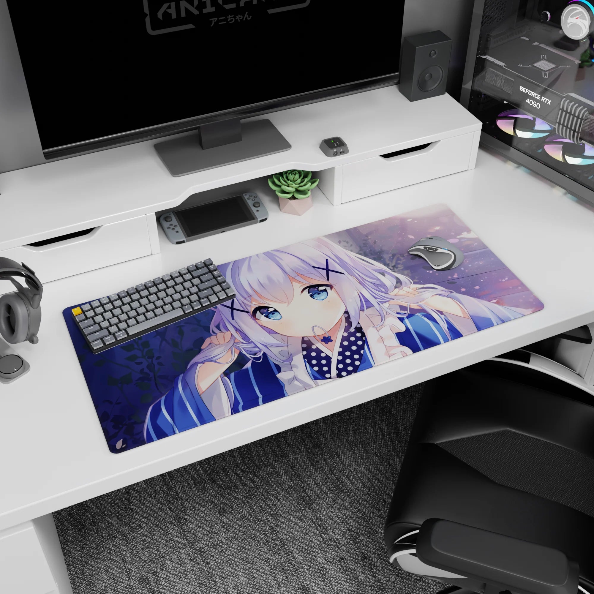 36x16 inches anime girl desk pad featuring shy big sapphire eyes, X hairpins, striped yukata.