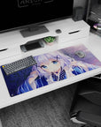 36x16 inches anime girl desk pad featuring shy big sapphire eyes, X hairpins, striped yukata.