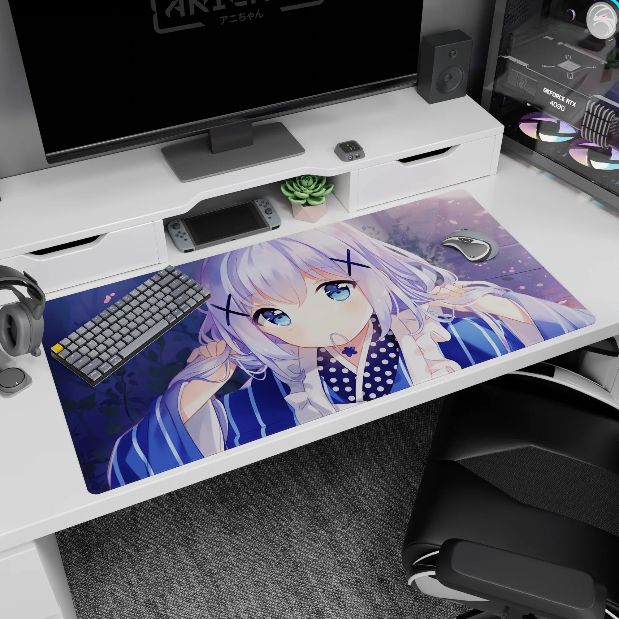 Shy anime girl with big sapphire eyes and X hairpins on a 40x20 inches desk pad amid petals.