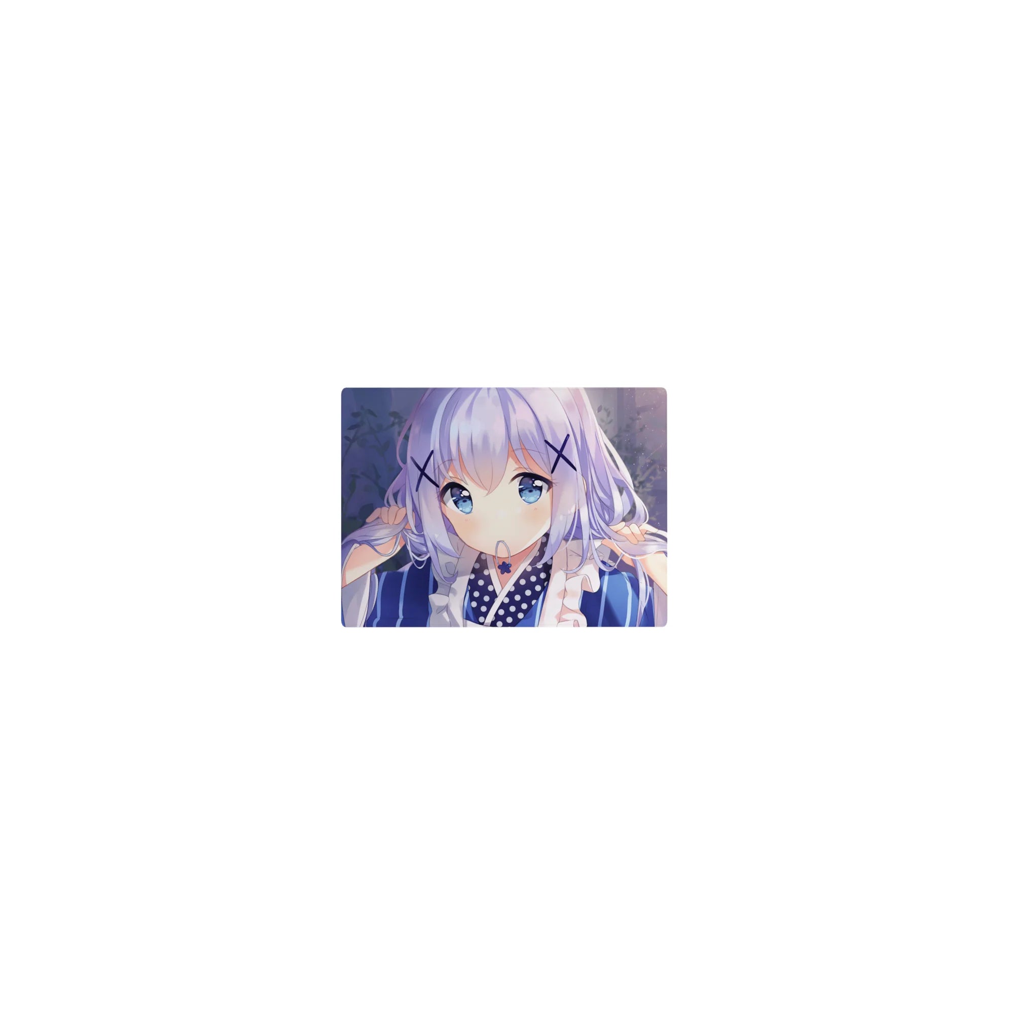 Classic anime girl mouse pad 14x10 inches with shy yukata look, sparkly bokeh and drifting petals.