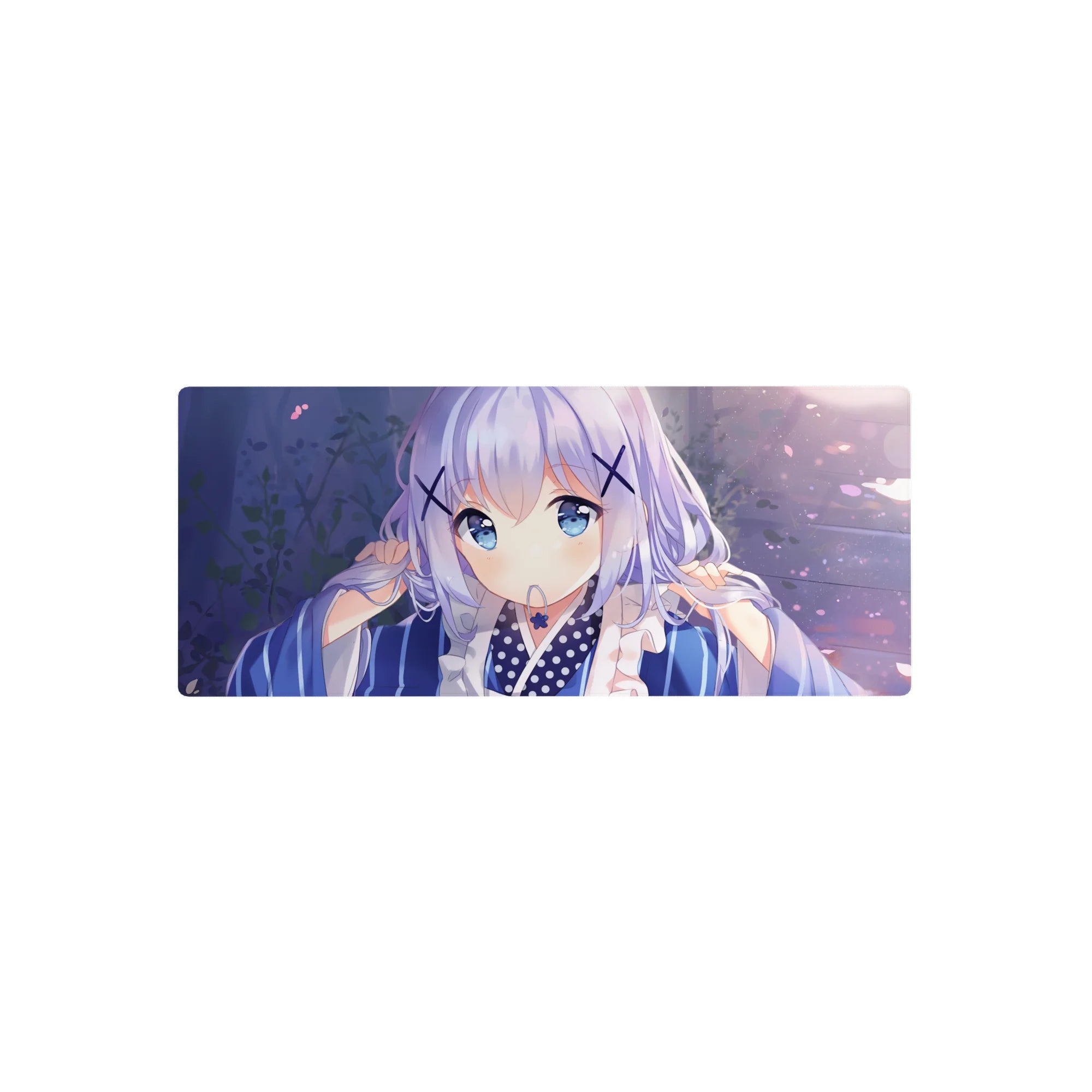 28x12 inches anime girl mouse pad with pastel bokeh, drifting petals, yukata stripes, and X hairpins.