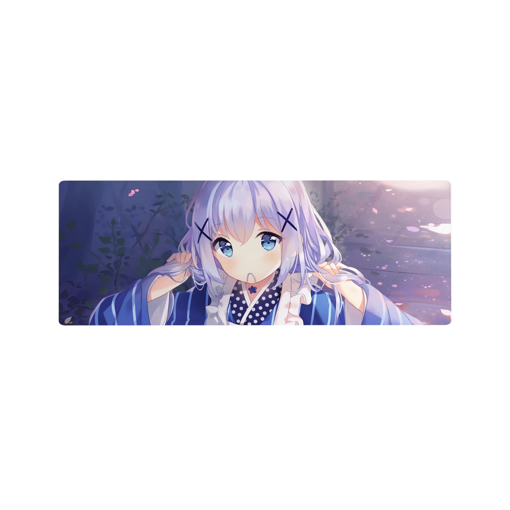 Anime girl mouse pad 32x12 inches with sparkly bokeh, drifting petals, and cute X hairpins.