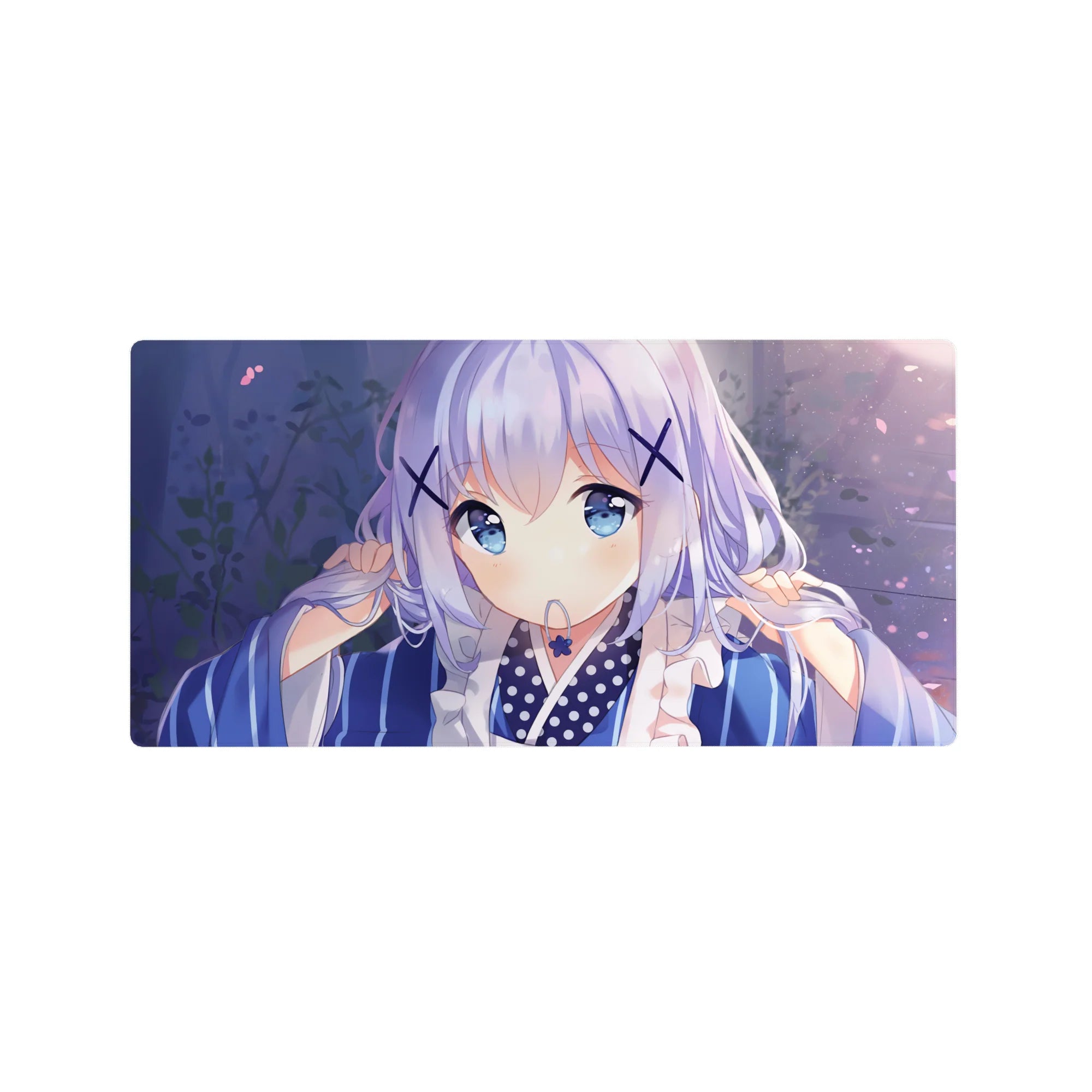 32x16 inches anime girl mouse pad with shy big-eyed girl, yukata stripes, bokeh sparkles, petals.