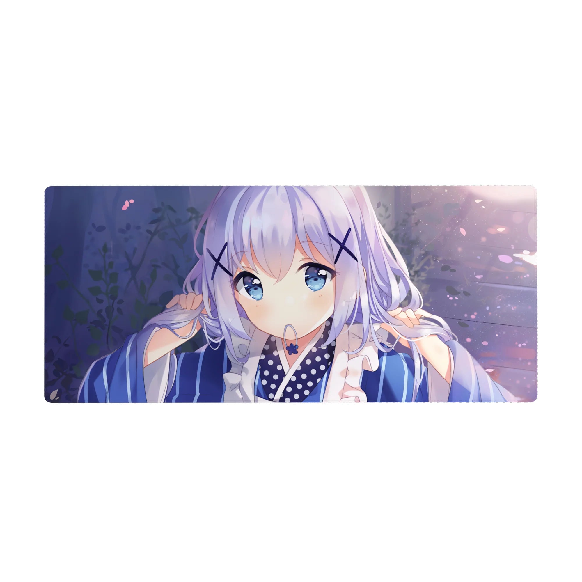 36x16 inches anime girl desk pad with pastel bokeh, drifting petals, and cute yukata details.