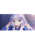 36x16 inches anime girl desk pad with pastel bokeh, drifting petals, and cute yukata details.