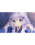 Anime girl desk pad 40x20 inches with sparkly bokeh, drifting petals, and cute yukata details.