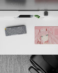 Anime mouse pad featuring Zero Two from Darling in the Franxx, 14x10 inches, soft blush tones and pastel pink background.