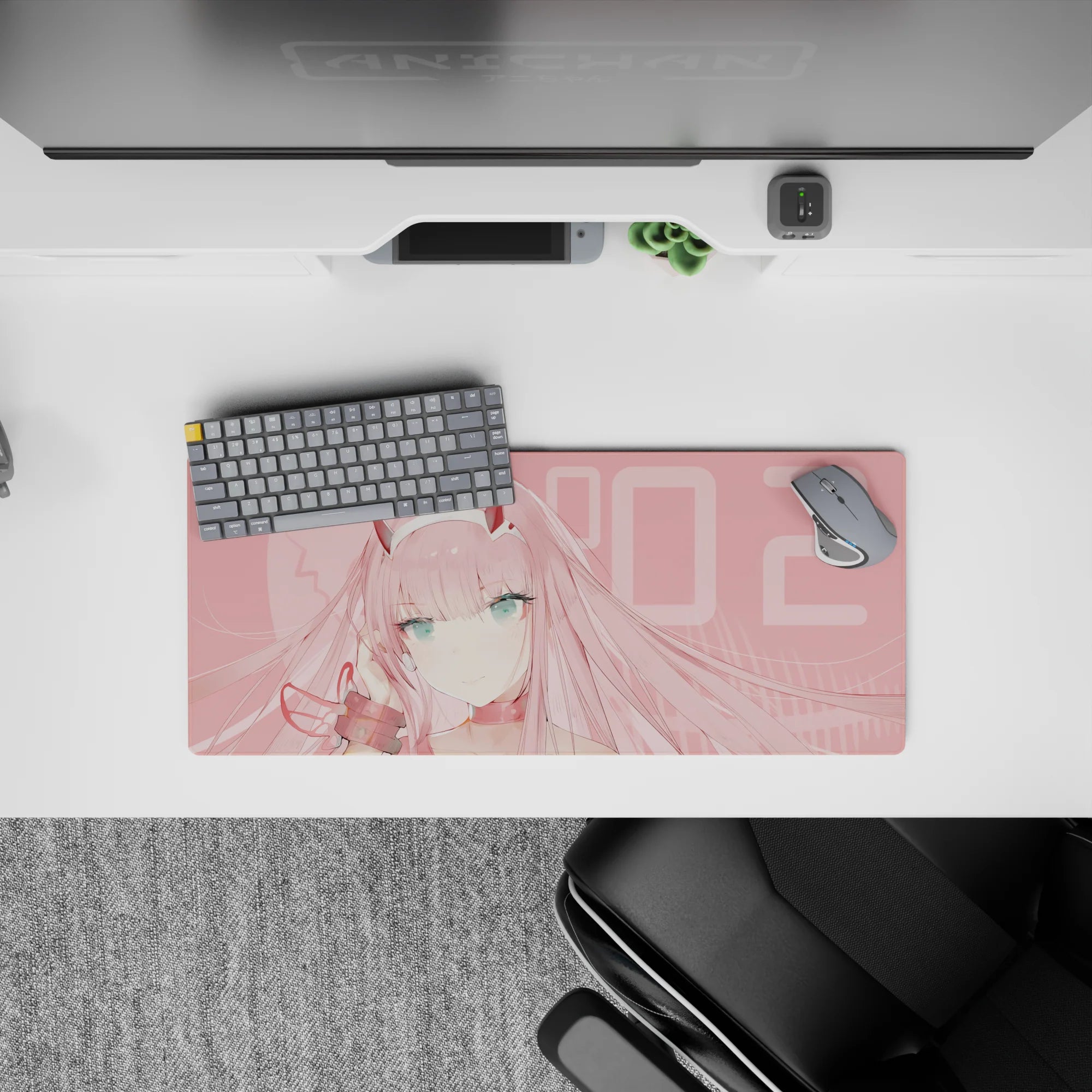 Anime mouse pad featuring Zero Two from Darling in the Franxx, 28x12 inches, with soft blush tones and elegant design.
