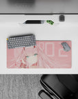 Anime mouse pad featuring Zero Two from Darling in the Franxx, 28x12 inches, with soft blush tones and elegant design.