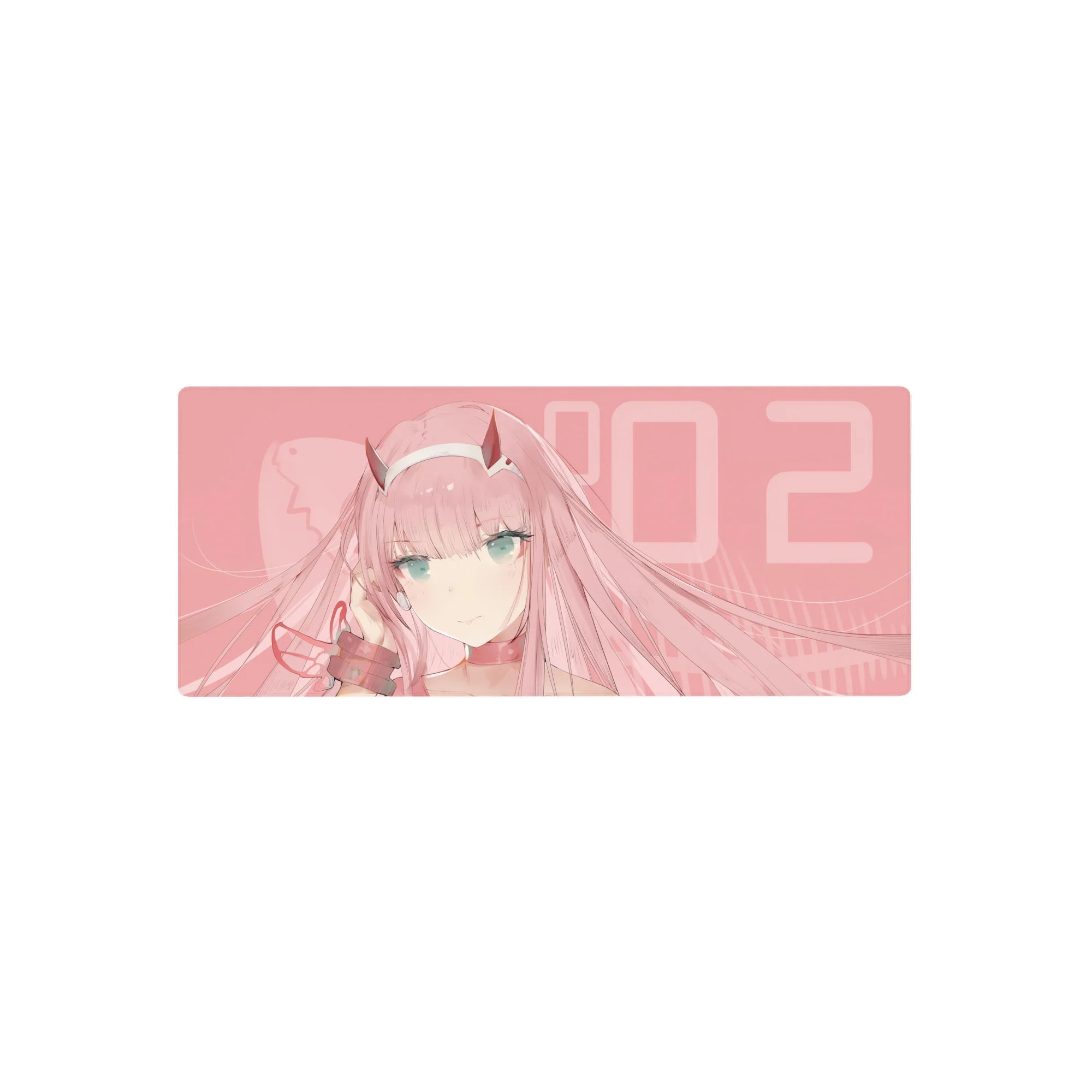 Anime mouse pad featuring Zero Two from Darling in the Franxx, size 28x12 inches, with pastel pink tones and elegant design.