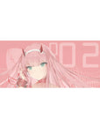Anime desk pad 36x16 inches featuring Zero Two from Darling in the Franxx with soft blush tones and elegant pastel design.