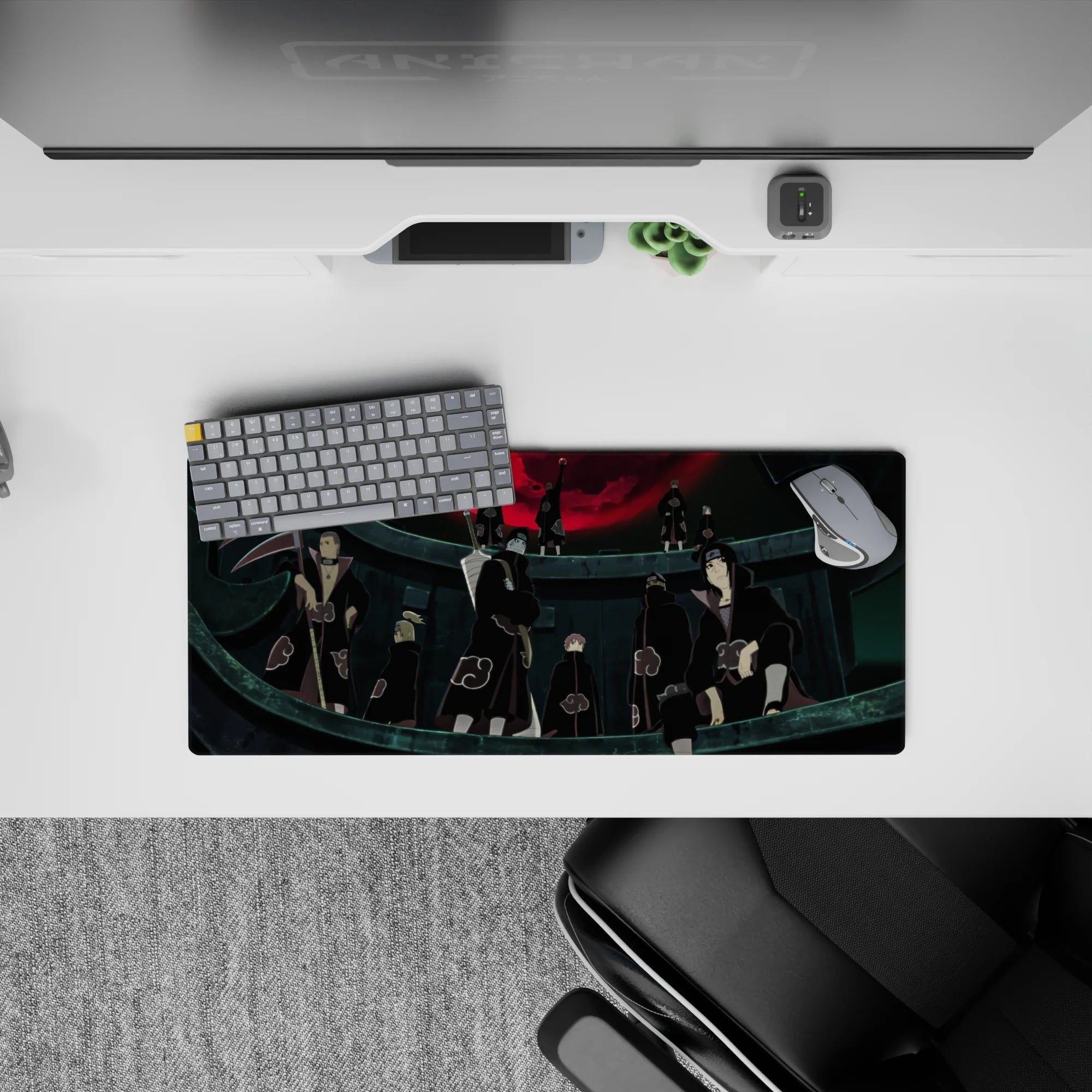 Dark black-and-red anime mouse pad 28x12 inches, crimson moon vibe for late-night gaming.