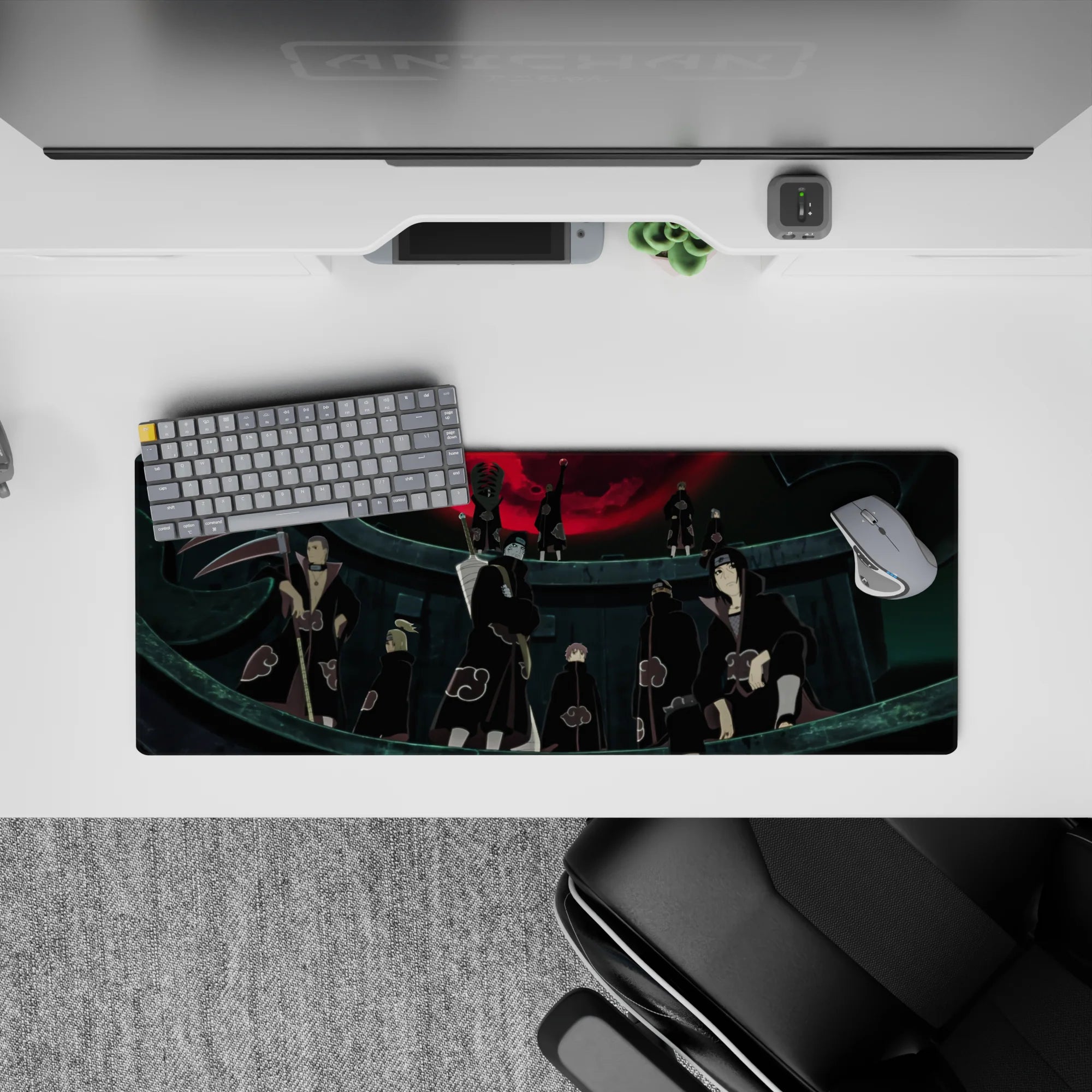 Black and red Akatsuki mouse pad 32x12 inches with crimson moon, dark vibe for gaming and work.