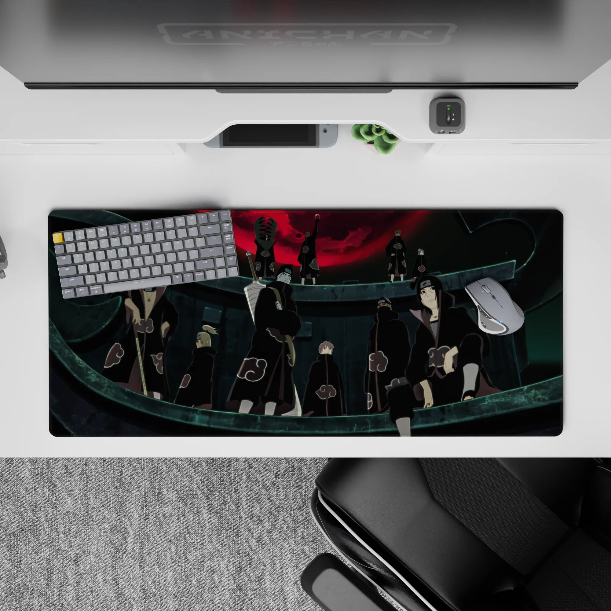 Black and red Akatsuki desk pad 36x16 inches, bold red clouds and dark, thrilling late-night vibe.