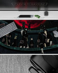 Black and red anime desk pad 40x20 inches, moody Akatsuki vibe with bold crimson moon for gaming.