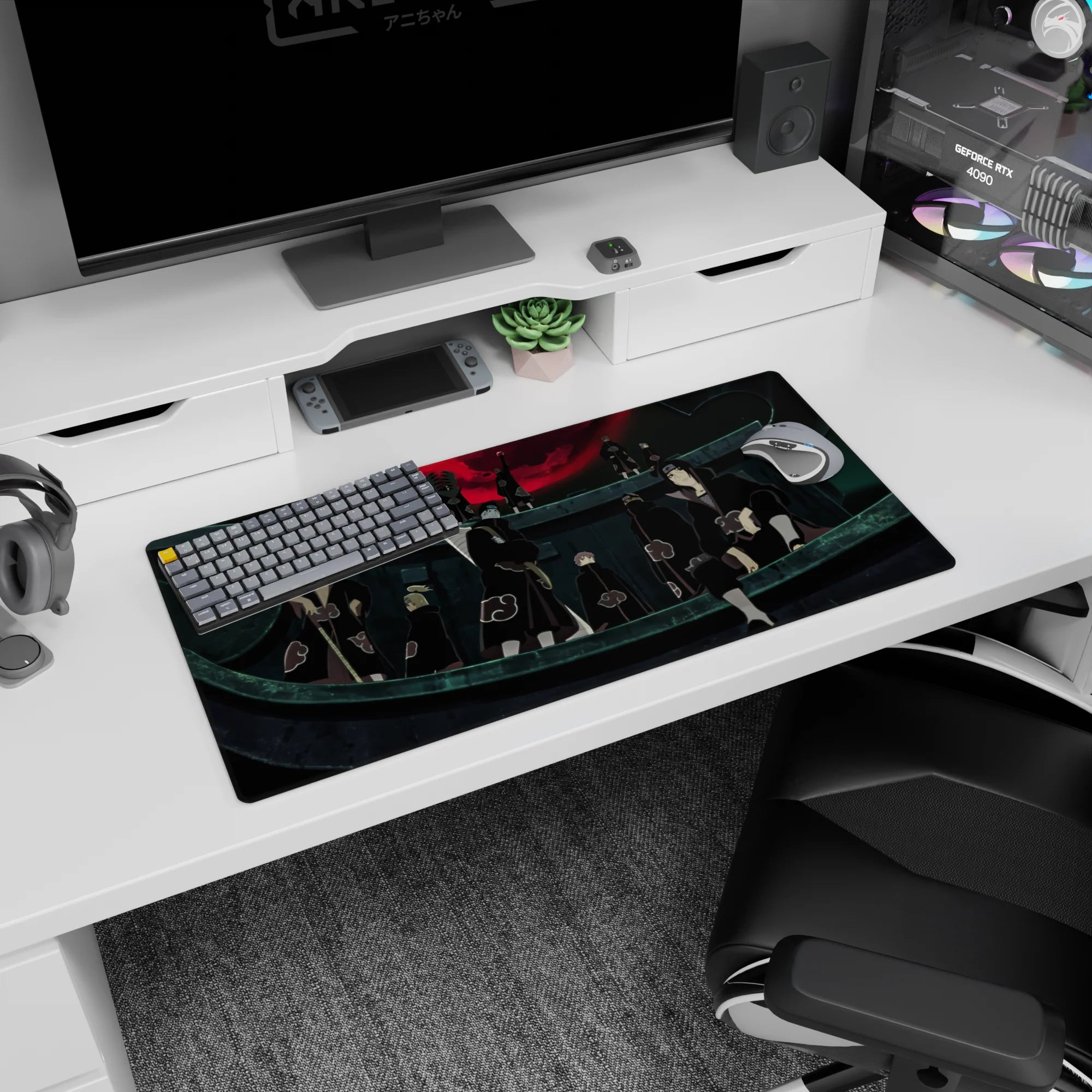 Itachi Uchiha and Akatsuki lineup under a giant red moon mouse pad 32x16 inches.