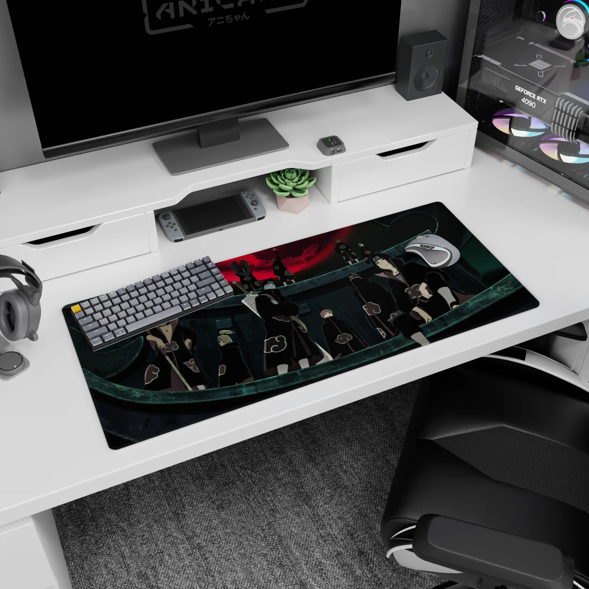 Itachi Uchiha and Akatsuki lineup desk pad 36x16 inches under a giant crimson moon background.