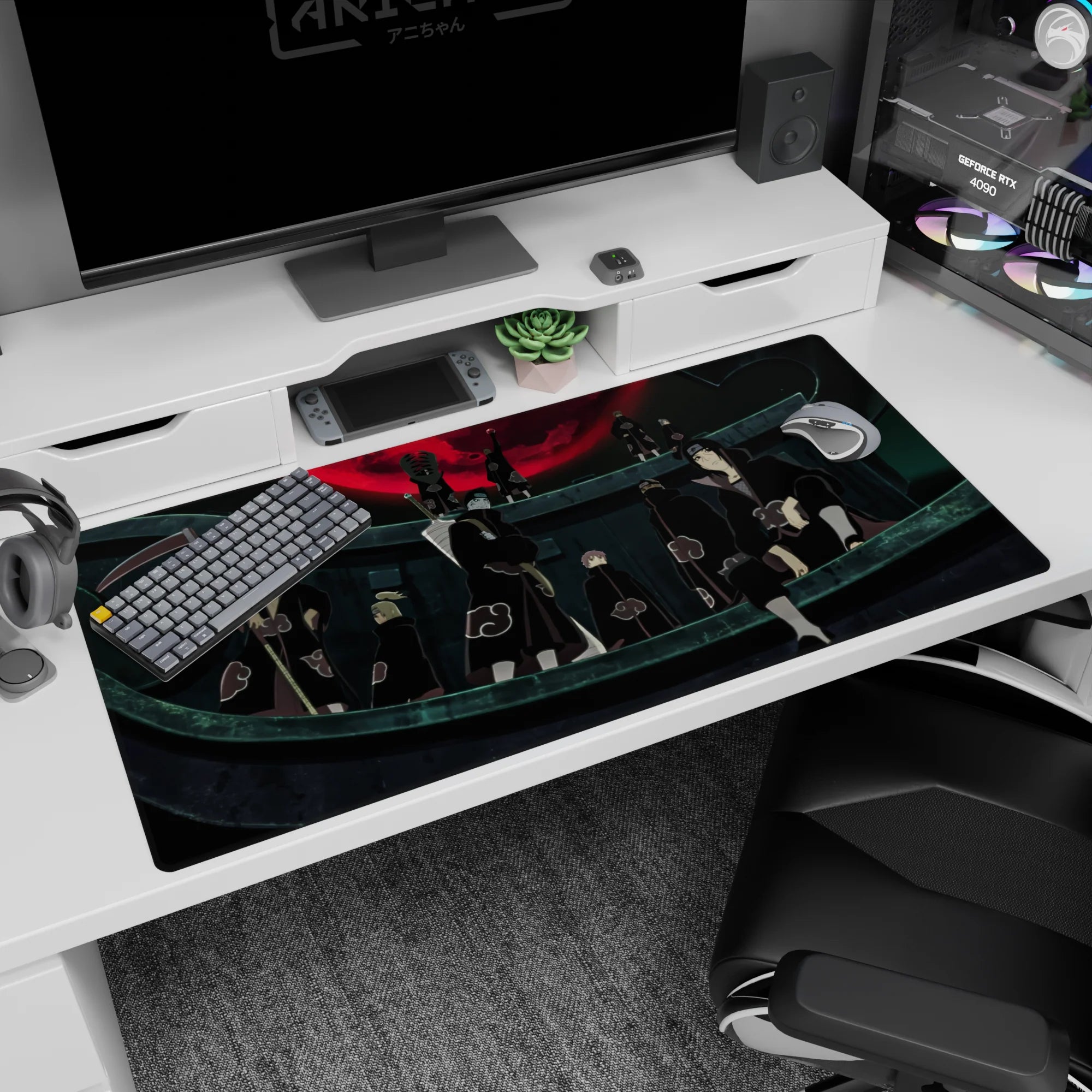 Itachi Uchiha and the Akatsuki under a giant red moon, anime desk pad 40x20 inches.