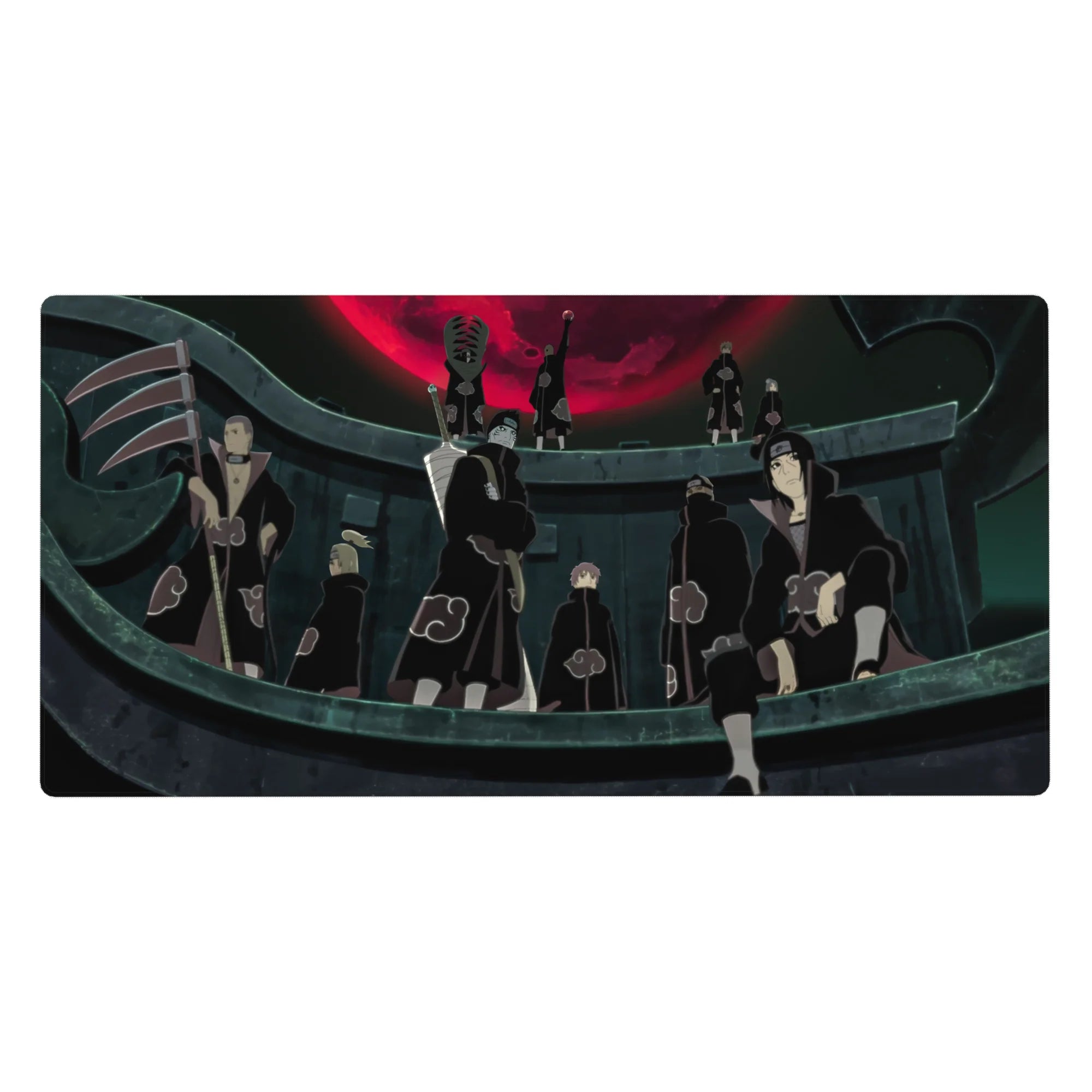 Naruto Shippuden Akatsuki group desk pad, 40x20 inches, red cloud cloaks under a crimson moon.