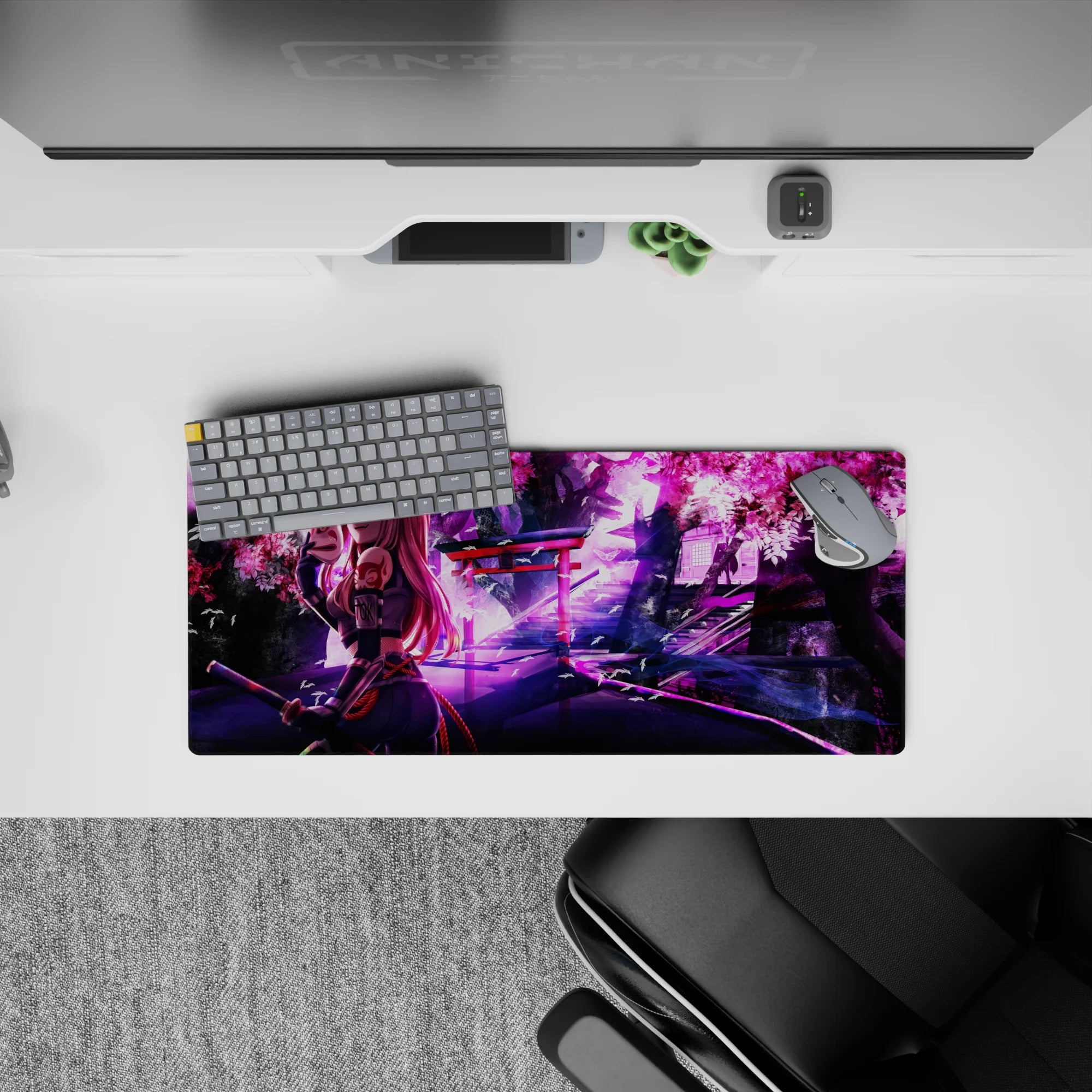 Anime mouse pad 28x12 inches featuring Zero Two in ninja gear, cherry blossoms, and shrine lights for a bold desk statement.