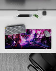 Anime mouse pad 28x12 inches featuring Zero Two in ninja gear, cherry blossoms, and shrine lights for a bold desk statement.