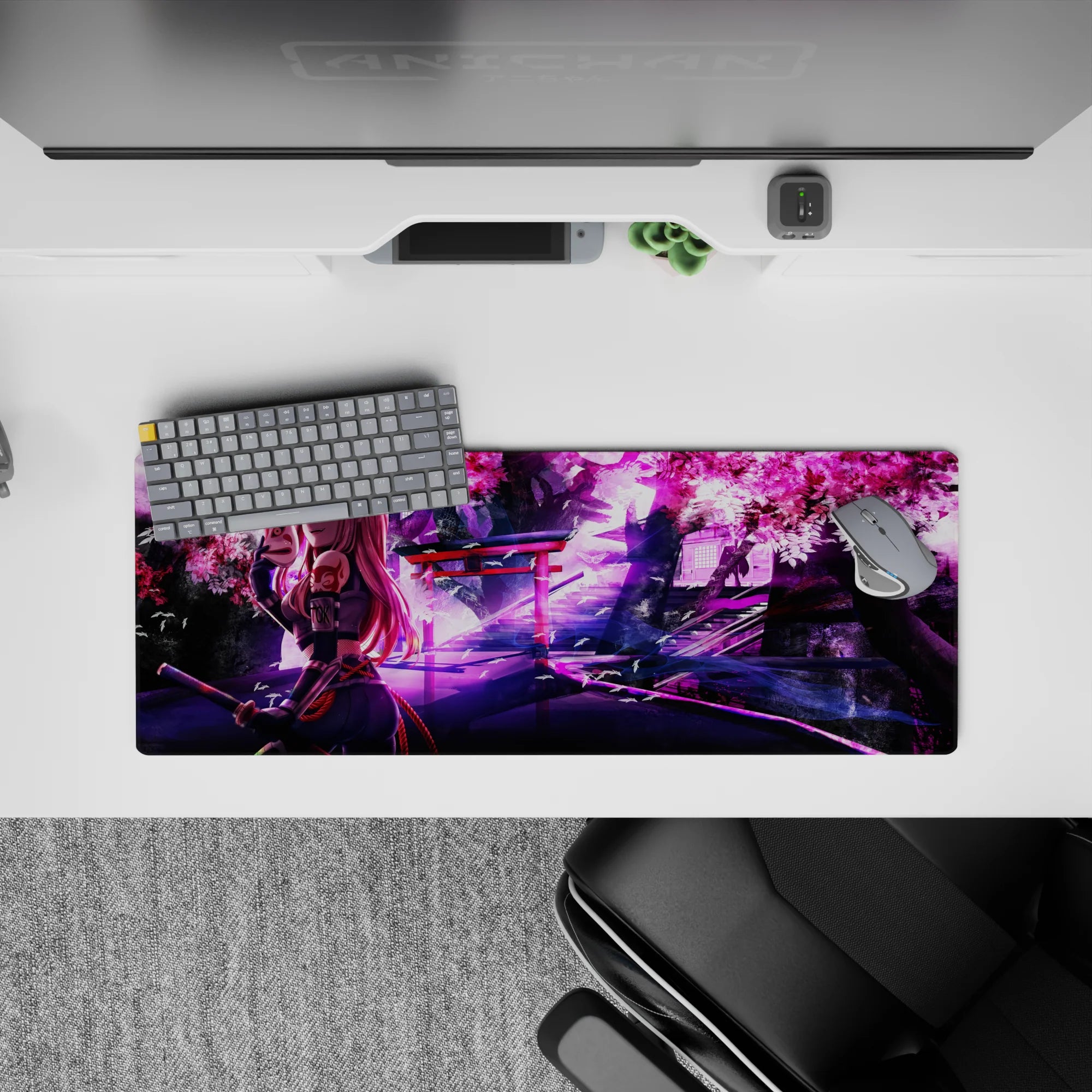Anime mouse pad 32x12 inches featuring Zero Two in ninja gear with cherry blossoms, deep violets, and crimson mask.