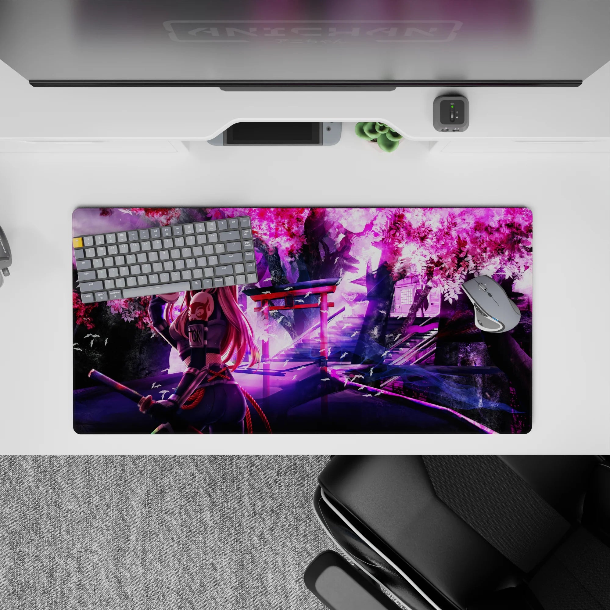 Zero Two anime mouse pad, 32x16 inches, featuring ninja gear, cherry blossoms, and vibrant colors for a bold desk statement.