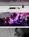 Anime desk pad 36x16 inches featuring Zero Two in ninja gear with cherry blossoms and shrine lights for dramatic flair.