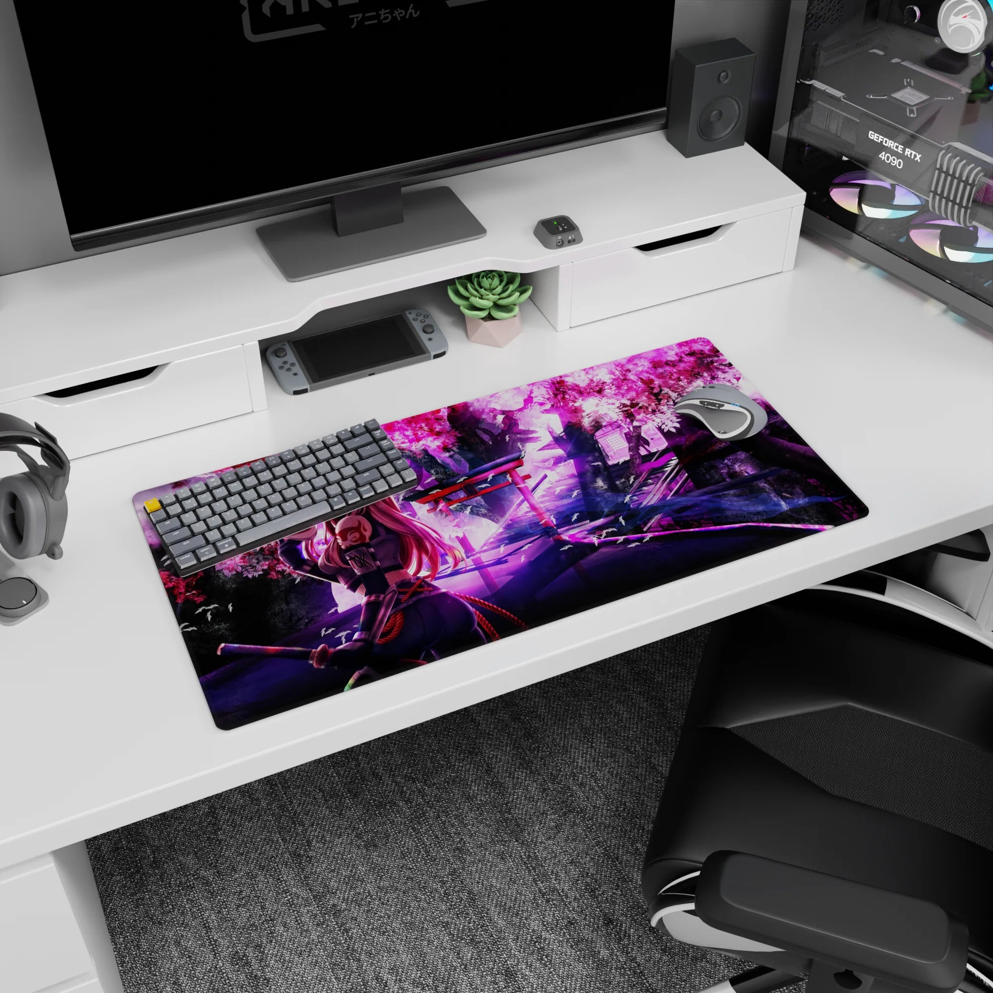 Anime mouse pad 32x16 inches featuring Zero Two in ninja gear with cherry blossoms and shrine lights, bold and unique.