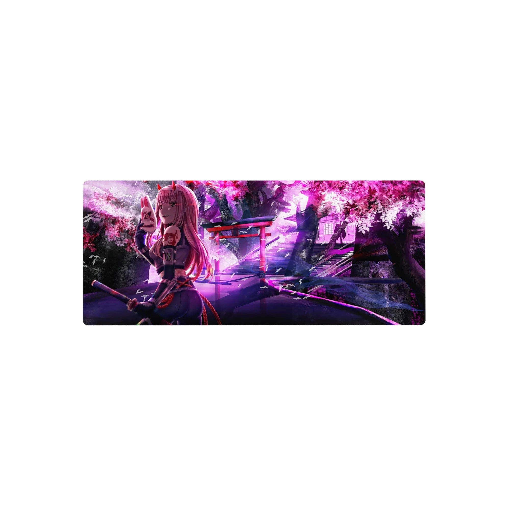 Anime mouse pad featuring Zero Two in ninja gear, sakura petals and shrine lights, 28x12 inches, perfect for fans.