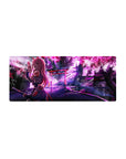 Anime mouse pad featuring Zero Two in ninja gear, sakura petals and shrine lights, 28x12 inches, perfect for fans.