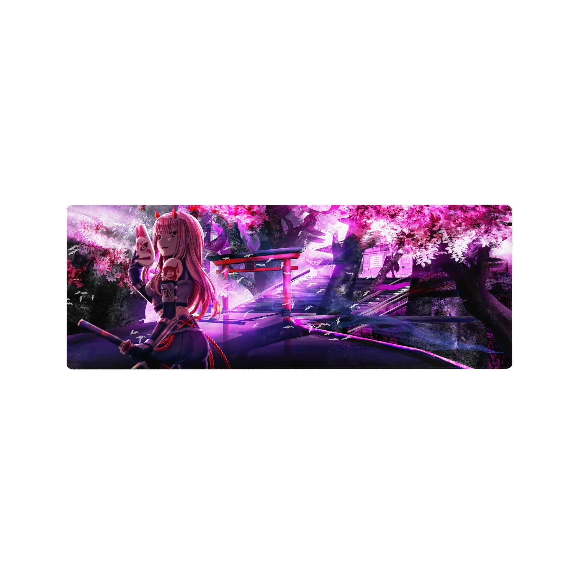 Anime mouse pad 32x12 inches featuring Zero Two in ninja gear with cherry blossoms and shrine lights, perfect for anime fans.