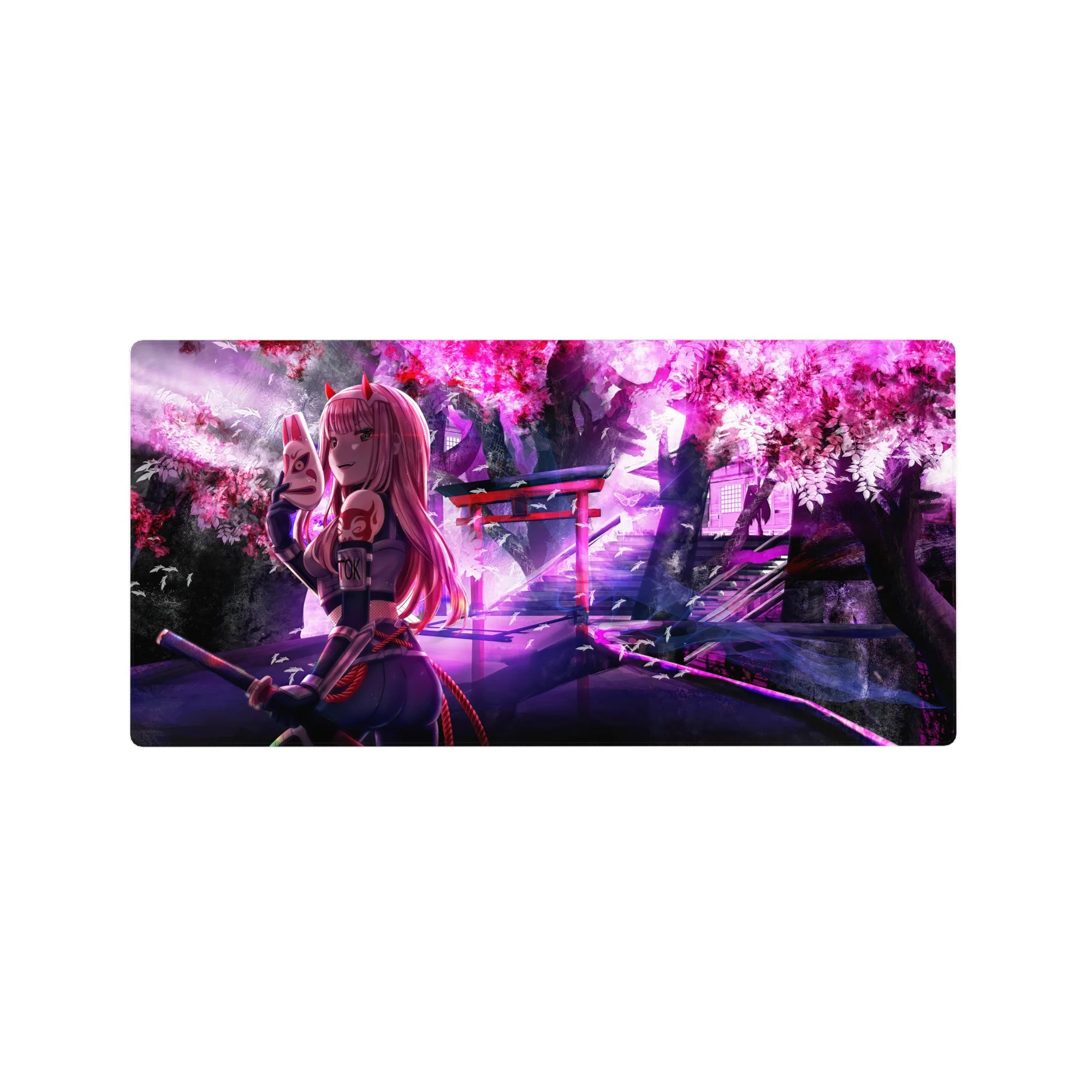 Anime mouse pad featuring Zero Two in ninja gear, surrounded by cherry blossoms. Size: 32x16 inches. Perfect for anime fans.