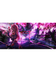Anime desk pad featuring Zero Two in ninja gear with cherry blossoms, 36x16 inches, blends elegance and rebellion.