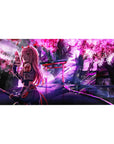Anime desk pad featuring Zero Two in ninja gear, sakura petals, and shrine lights, 40x20 inches, for a bold statement.